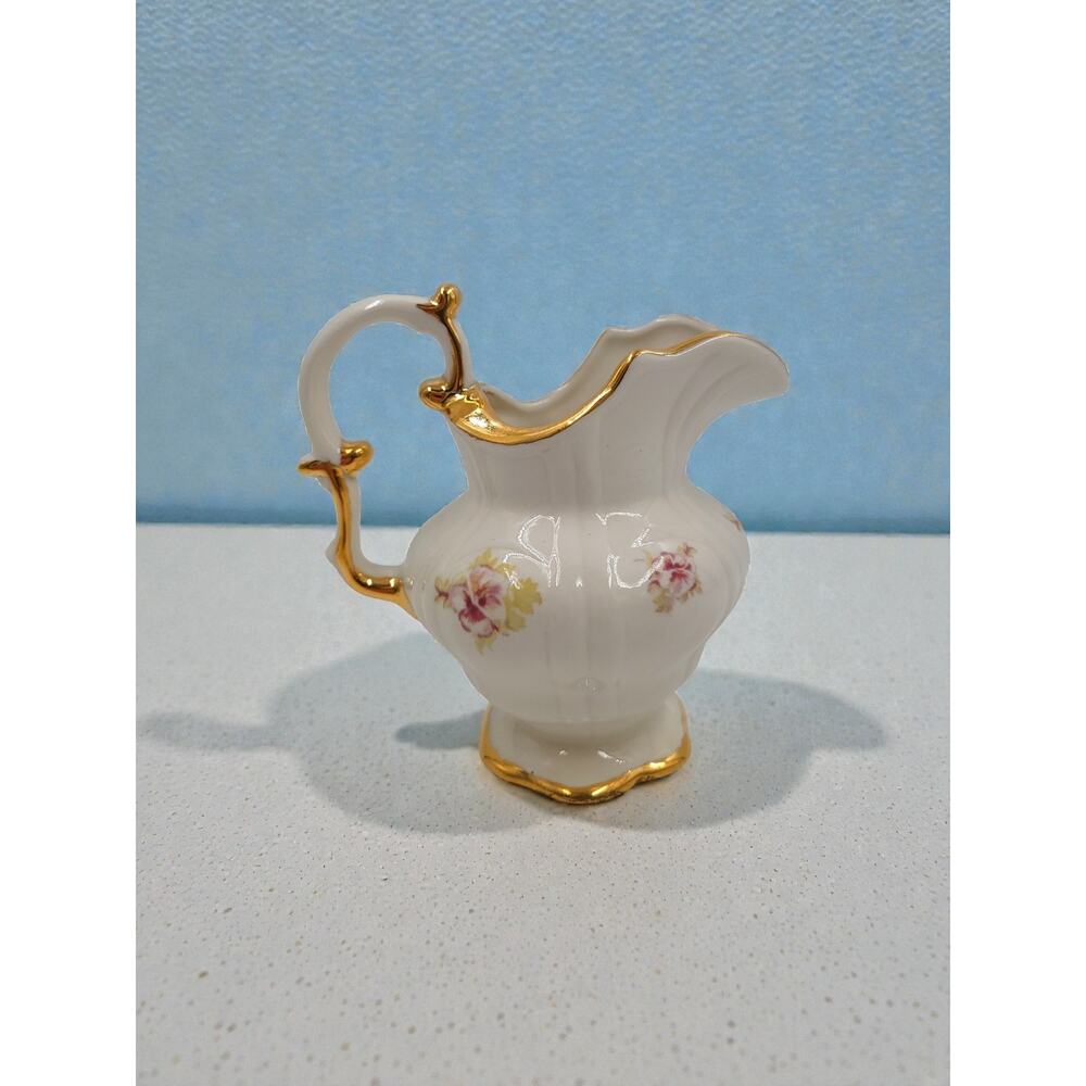 Hand Painted Porcelain Creamer Pitcher Gold Gilt Trim Pink Roses 5” Vintage